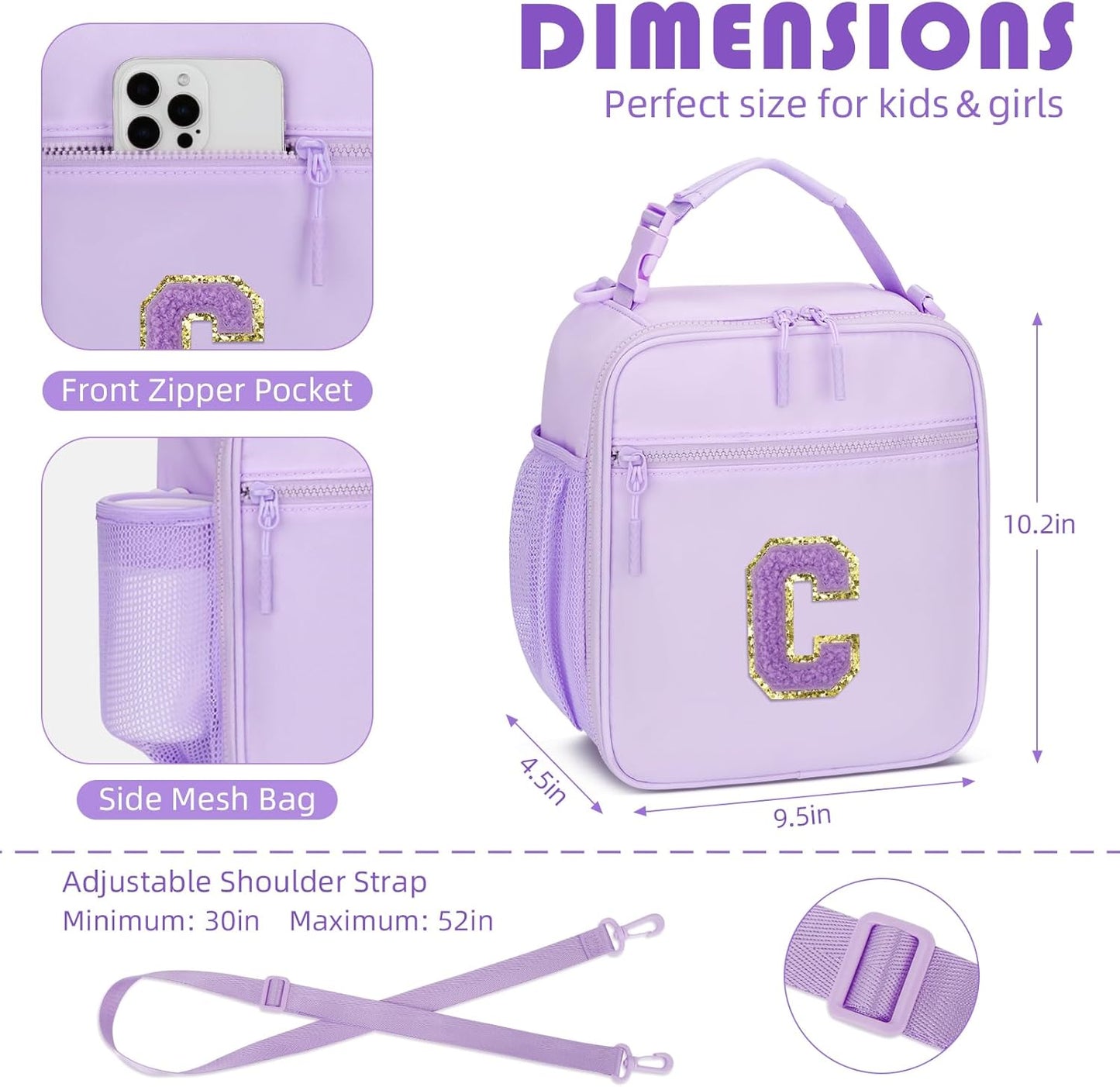 Initial Insulated Lunch Bag for Girls Kids, Back to School Gift, Reusable Leak-proof Lunch Box with Adjustable Strap for School Daycare Travel Picnic (Purple,C)