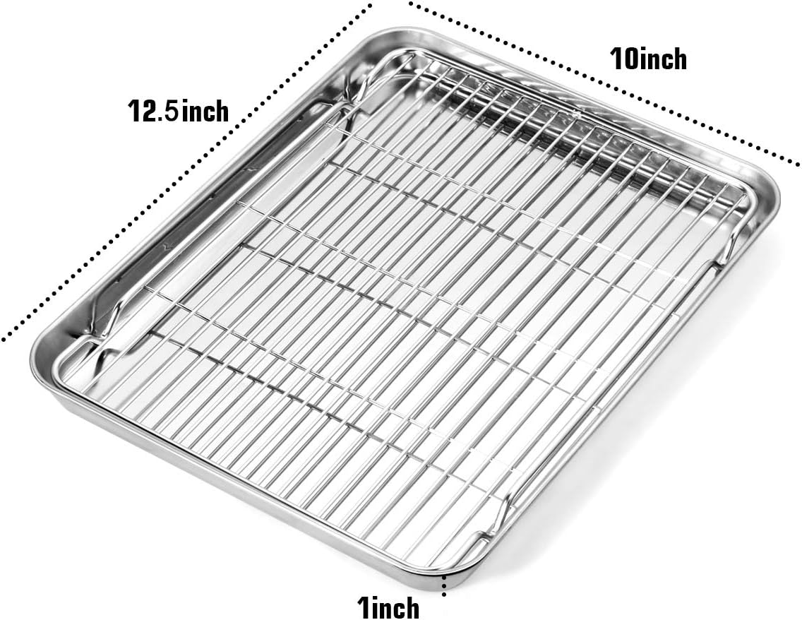 Baking Sheet and Cooling Rack Set, Stainless Steel Commercial Grade Cookie Sheet and Rack Set, 12.5 x 10 x 1 inch, Healthy & Nontoxic & Rustproof & Easy Clean & Dishwasher Safe