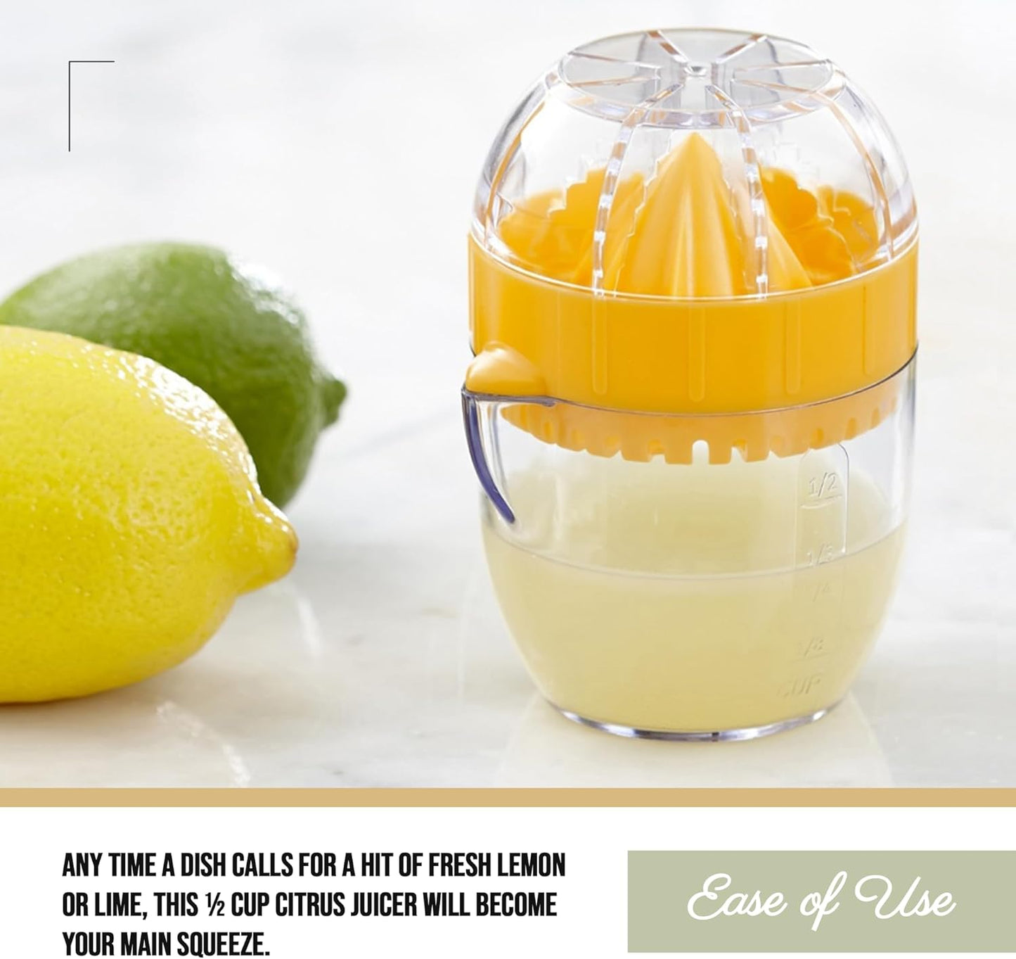 Trudeau Lemon Squeezer with Integrated Strainer – Compact Citrus Juicer with 1/2 Cup Capacity, Calibrated Container & Pouring Spout – BPA-Free & Dishwasher Safe – Original Trudeau Design