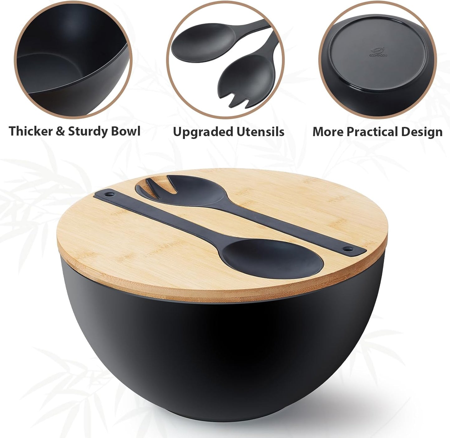 12.6" Extra Large Salad Serving Bowl Set with Wooden Lid&Utensils, 8.4Qt., Bamboo Fiber Salad Bowl with Servers for Kitchen, Big Bowl for Mixing Salad,Fruit,Pasta (Matte Black)