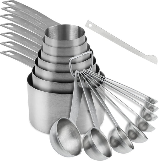 Measuring Cups and Spoons Set, Stainless Steel Measuring Cups, 18/8(304) Material Heavy Duty 7 Measuring cups and 8 Measuring Spoons 1 Leveler and 2 rings Pack 18pcs Per set