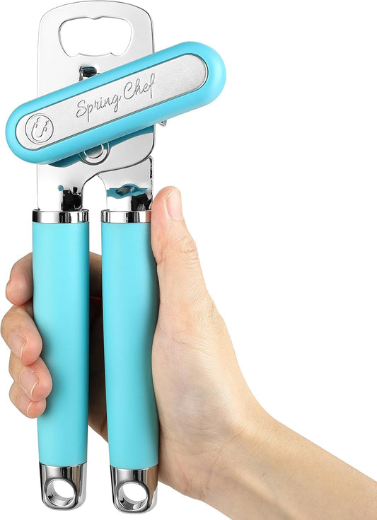Spring Chef Stainless Steel Can Opener - Manual with Soft Grip Handles, Easy Turn, Heavy Duty Hand Can Openers for Seniors with Smooth Edge - Magnetic Lid Remover - Aqua Sky