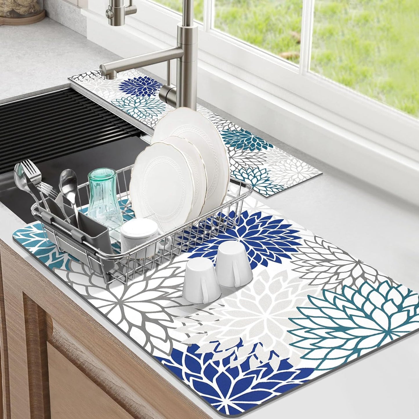 Findosom 2PCS 16" x 24" Dish Drying Mat & 24" x 5.5" Sink Splash Guard, Super Absorbent & Cuttable Dish Mat Drying Kitchen Mat with Blue Floral, Hide Stain Drying Mat for Kitchen Counter