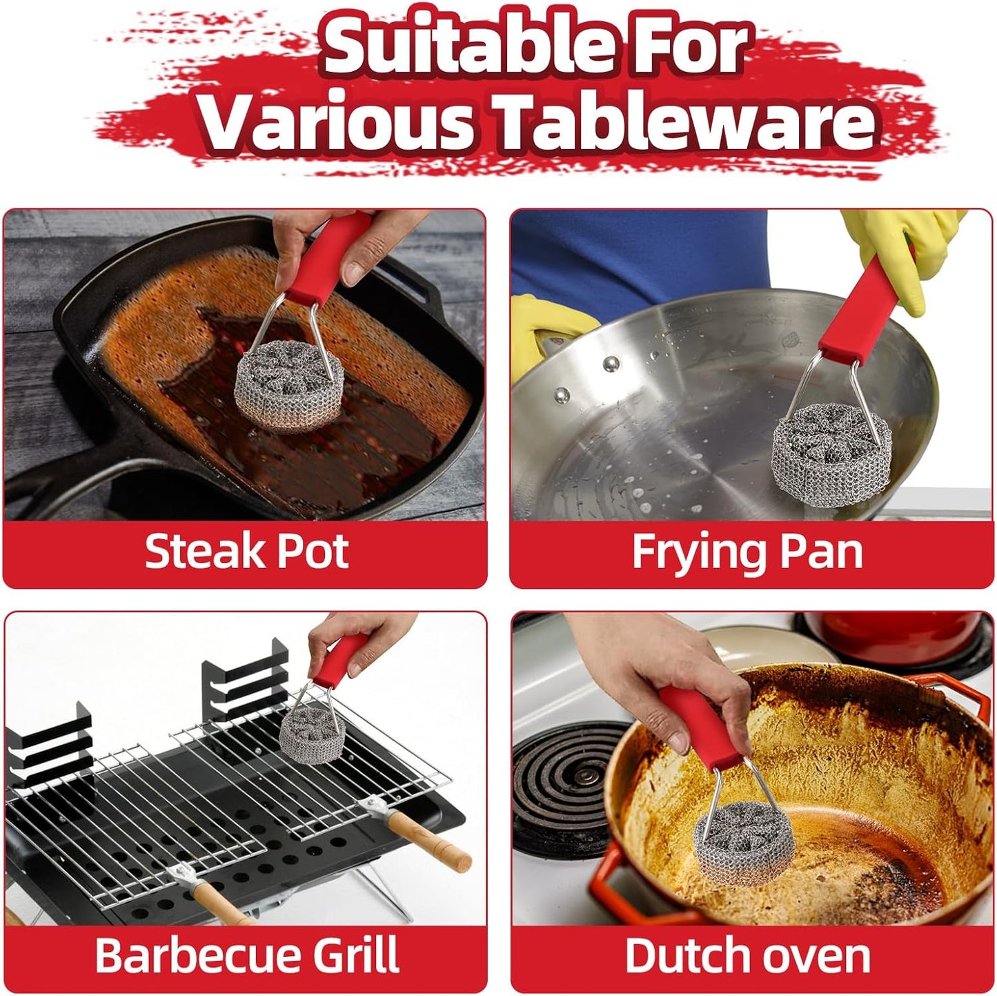 Cast Iron Chainmail Scrubber with Handle - Cleaner for Pans and Pots - Premium Stainless Steel/Silicone Scraper for Skillets - Ergonomic Food-Safe Design - Easy to Clean Cookware Dish Brush