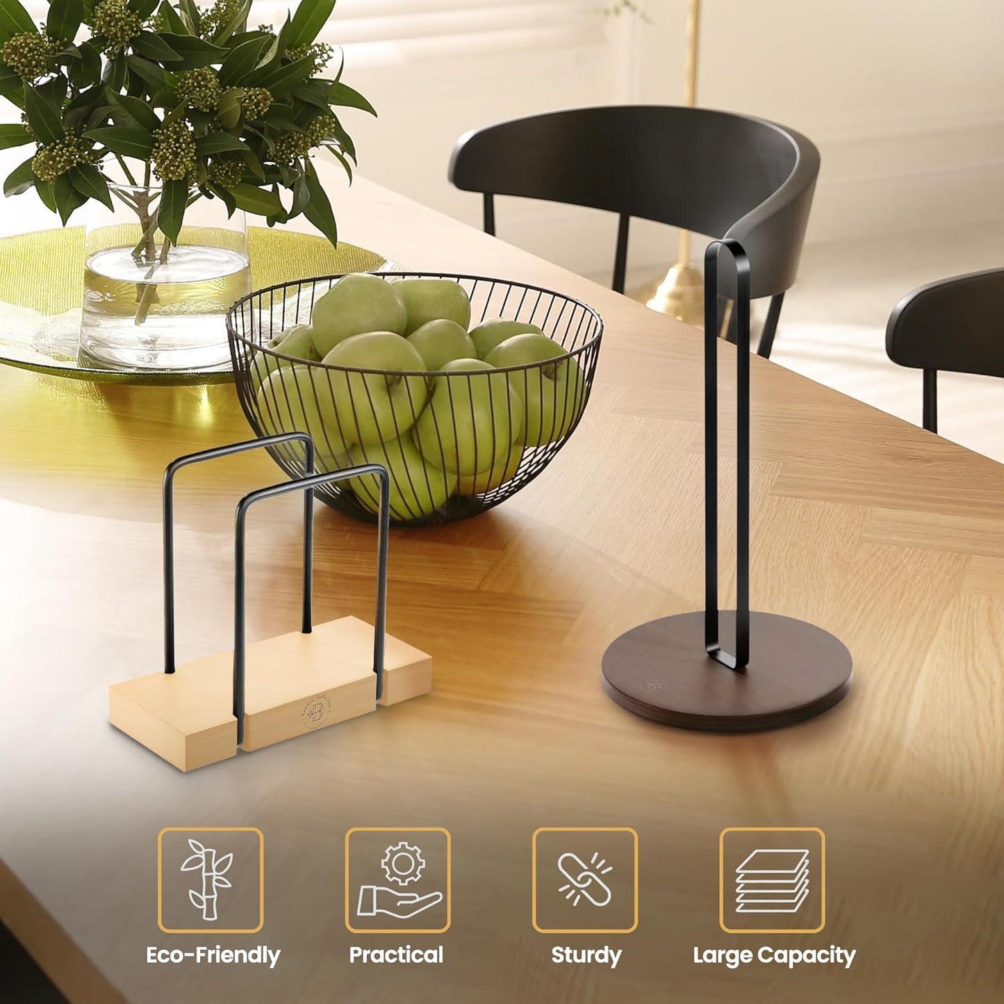 Napkin Holder for Table - Bamboo and Iron Standing Napkin Dispenser, Non-Slip Paper Napkin Holder for Kitchen, Farmhouse, Dining Table, Restaurant, Outdoor Use - Rustic Elegant Design (Black/Natural)