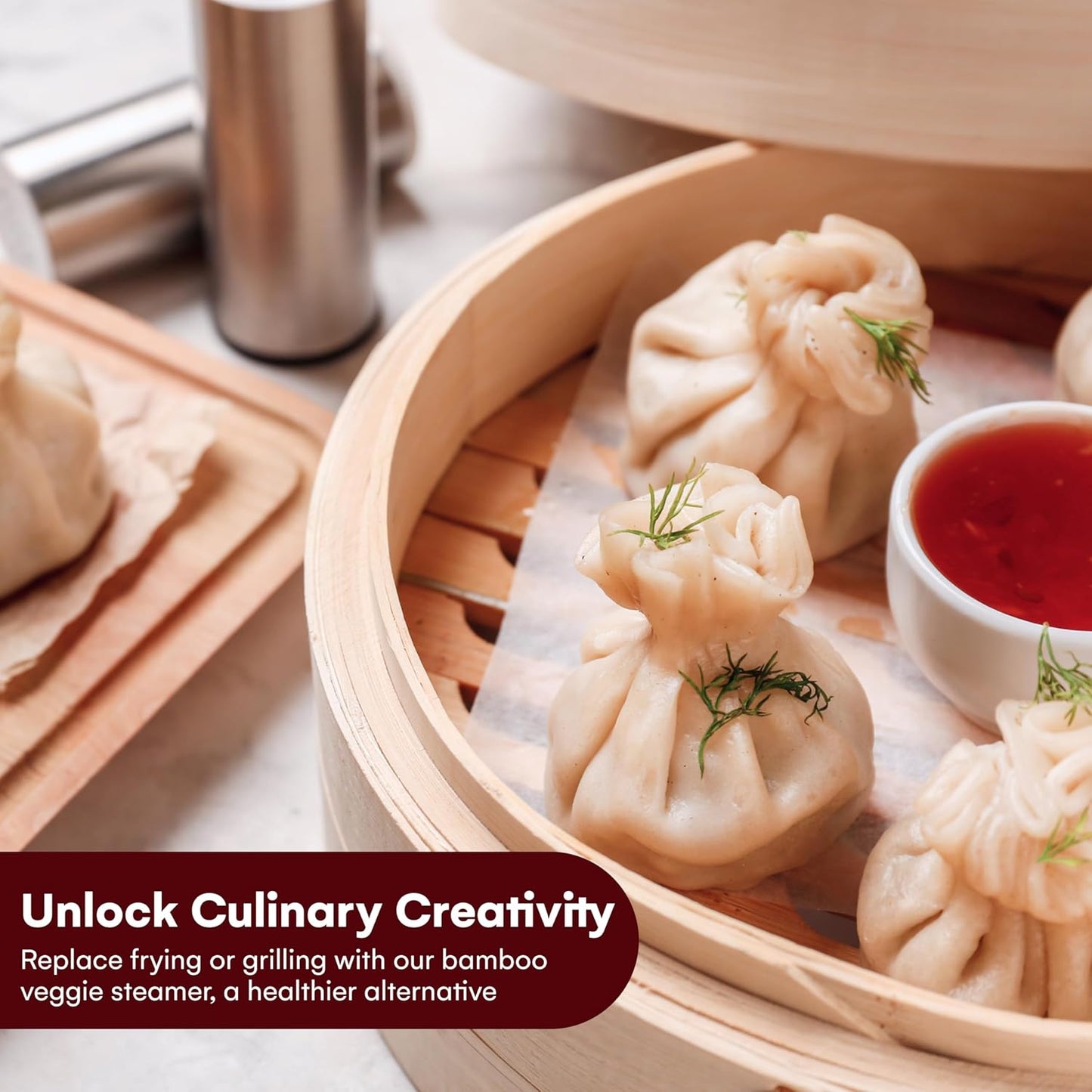 Vdomus Bamboo Steamer Basket - 10 inch Dumpling & Bun Steamer with Chopsticks - Natural Wood, Brown, Round Shape