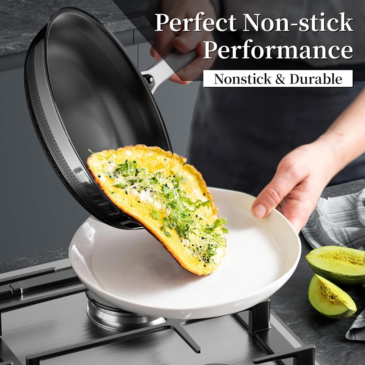 Nonstick Ceramic Frying Pan Set,8inch&9.5inch&11inch Stainless Steel Frying Pan Skillet W/Glass Lid,Titanium Ceramic Omelet Pans,Kitchen Cooking Pan Set, Compatible W/All Cooktops