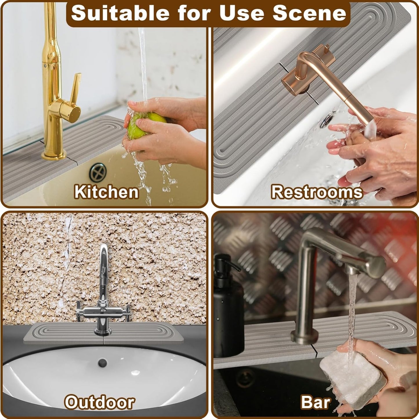 Faucet Mat for Kitchen Sink, Diatomite Super Absorbent Fast Drying Stone Sink Tray for Bathroom Kitchen Sink Splash Guard(Square Grey,15.7x3.9in)