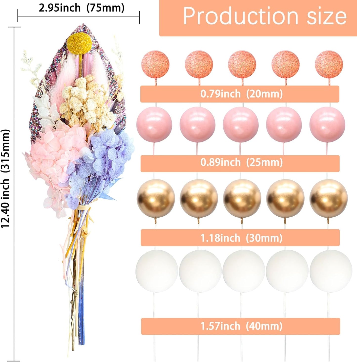 Gyufise 21 Pack Flower Boho Cake Topper Ball Cake Decorations Palm Leaves Plants Cake Decor for Girl Bohemian Princess Theme Wedding Baby Shower Birthday Party Supplies Pink