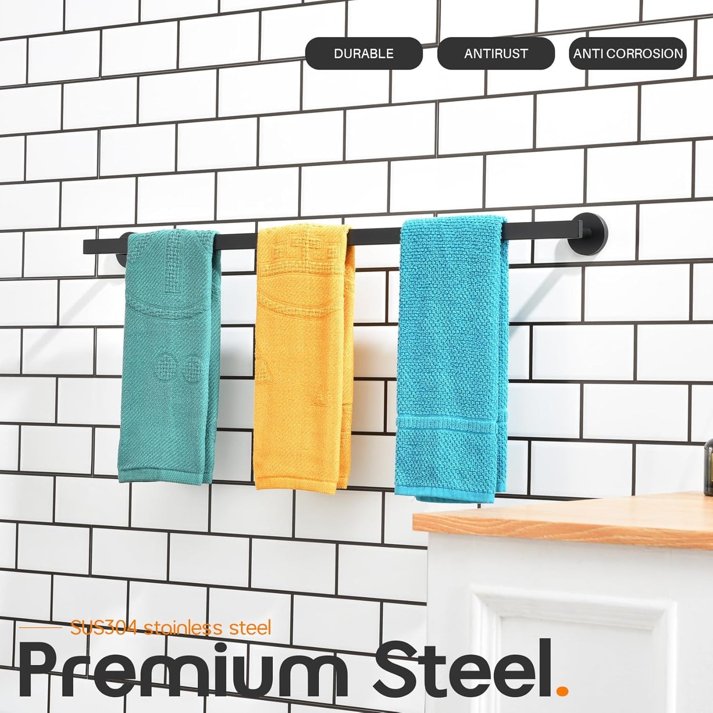 32 Inch Bath Towel Bar Bathroom Towel Rack Kitchen Towel Holder Long Towel Rails Wall Mounted SUS304 Stainless Steel 2 Pack Matte Black AN4001MB-L32-P2