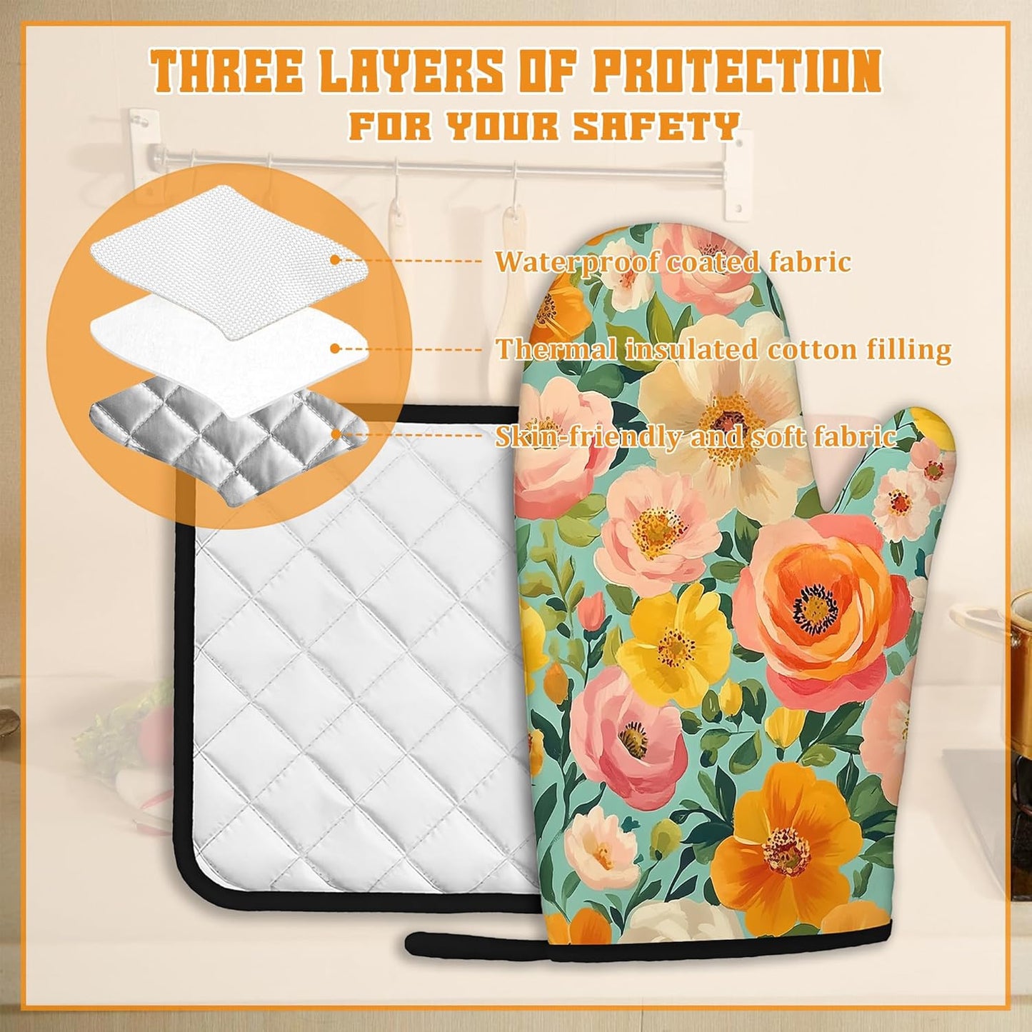 Vintage Pink Poppy Oven Mitts and Pot Holders,Floral Flower Heat Resistant Oven Mitts Gloves and Pot Holder for Home Kitchen Decorations Cooking Baking BBQ Gifts,Set of 4