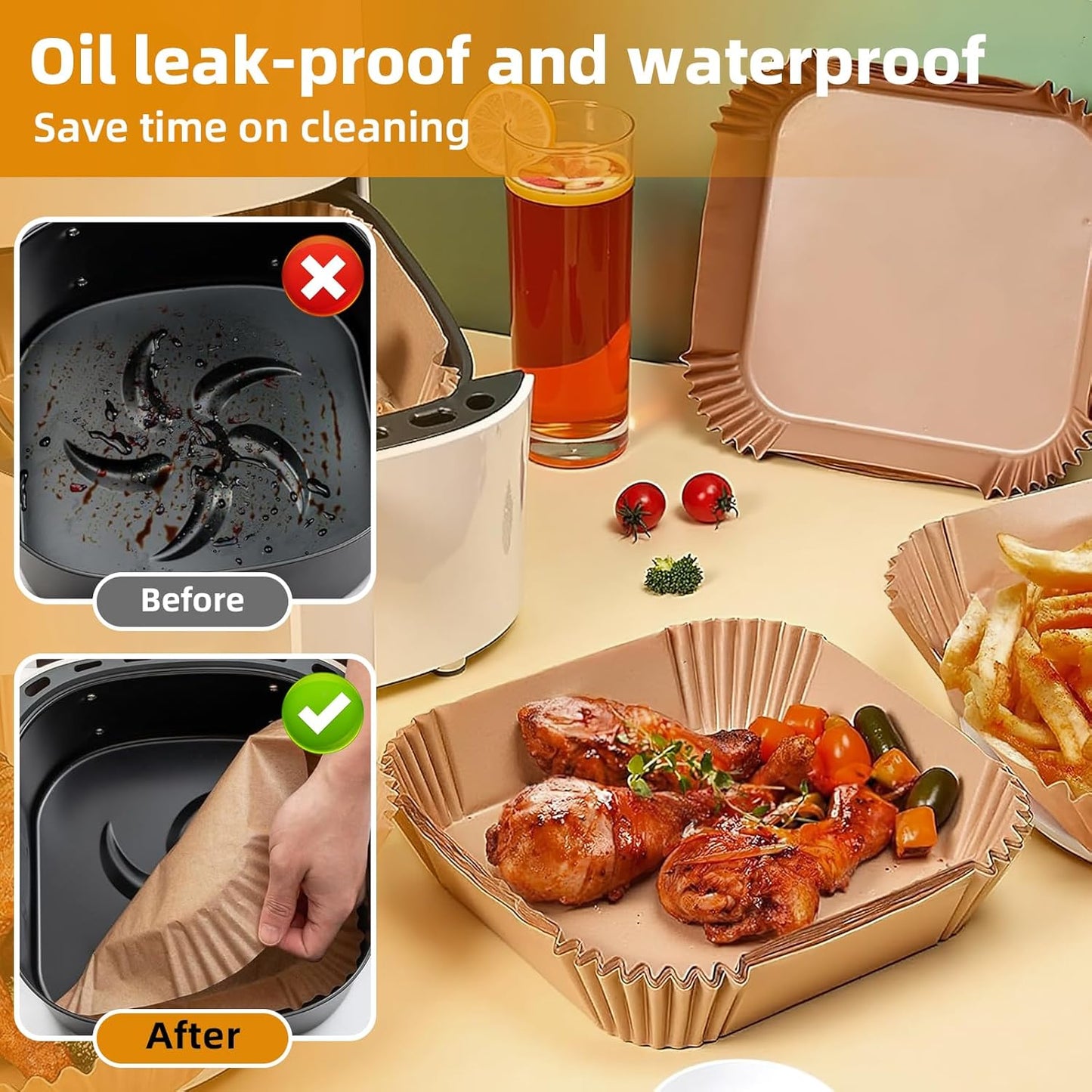 Air Fryer Paper Liners for 6-8 Qt Airfryer, 200pcs 7.9 x 7.9 inch XL Square Disposable Parchment Tray