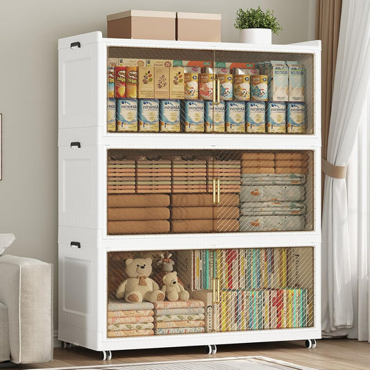 150GAL Extra Large Storage Bins with Lid, 600QT Plastic Stackable Storage Bins with 6x Wheels, Collapsible Closet Organizer and Storage Drawer Cabinet for Living Room Office Dorm, 3Pack White