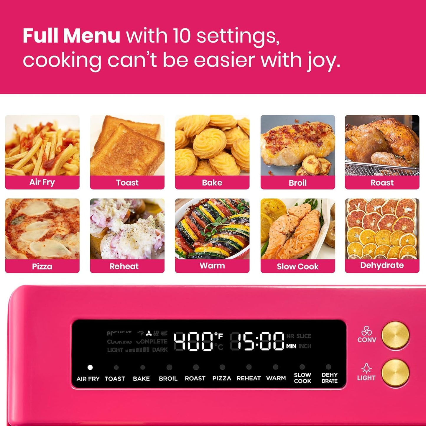 Limited Edition Happy Pink Infrared Heating Air Fryer Toaster Oven, Extra Large Countertop Convection Oven 10-in-1 Combo, 6-Slice Toast, Enamel Baking Pan Easy Clean with Recipe Book