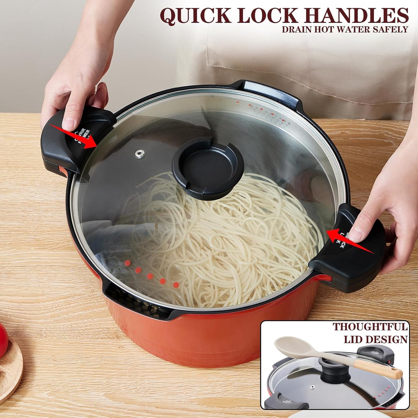 ACTIV CUISINE 8.5qt Pasta Pot with Strainer Lid, Cast Aluminum Stockpot Multipot, Nonstick Ceramic Coating make Cleanup easy with Tempered Glass Lid, Dishwasher Safe, Induction, Red