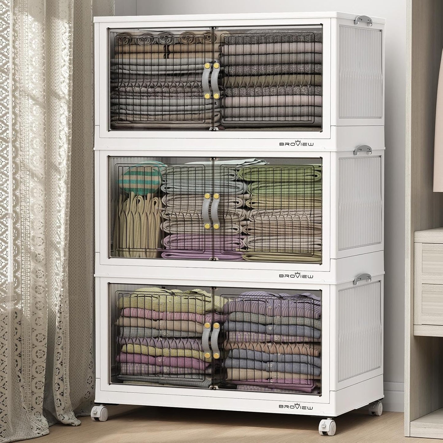 360Qt Stackable Storage Bins with Lid, Extra Large Closet Organizer Collapsible Drawer Boxes with Wheels, Folding Plastic Cabinet Containers for Home Kitchen Room Organization, 3Pack White