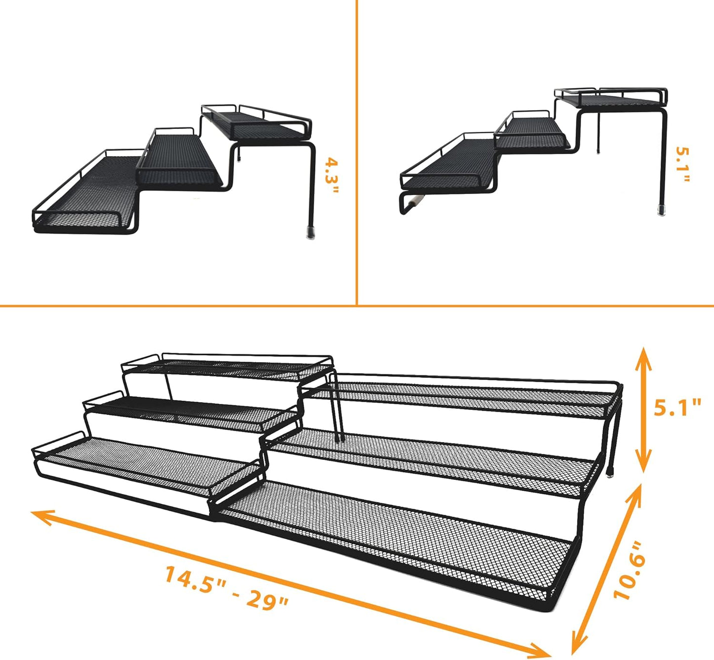 3 Tier Wide Expandable Cabinet Spice Rack Organizer (14.5" to 29.1") - Step Shelf with Protection Railing, Black