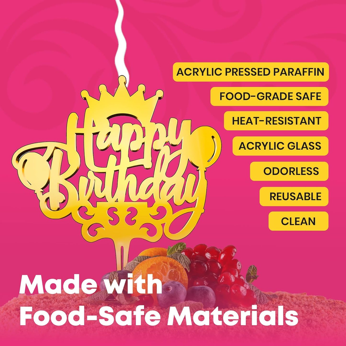 Happy Birthday Reusable Gold Cake Candle - Luxury Cake Topper Candle for Birthdays, Weddings & Anniversaries - Reusable Food Safe Acrylic, Shiny Mirror Finish - Happy Birthday Cake Topper Décor