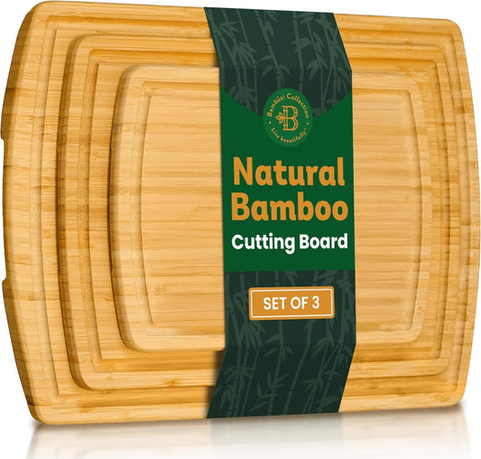Wood Cutting Board - 3 Piece Bamboo Cutting Board Set, Wooden Cutting Boards for Kitchen with Deep Juice Groove, Side Handles - Chopping Boards for Meat, Vegetables, Charcuterie - Kitchen Gift Set