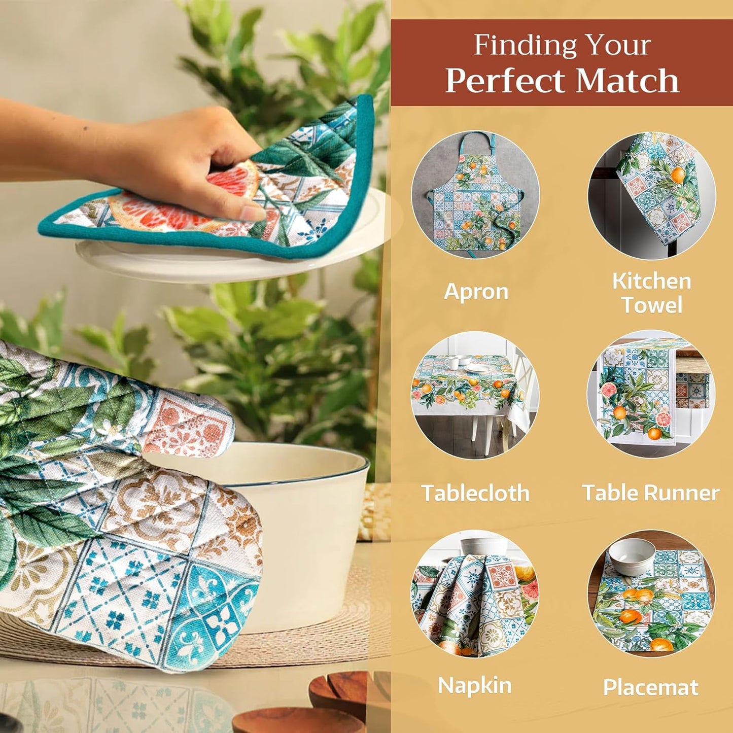 Maison d' Hermine Oven Gloves 100% Cotton Oven Mitt 7" x 13" with Loop Heat Resistant, BBQ, Cooking Gloves, Baking, Grilling, Kitchen, Handling Hot Pans Spring/Summer (Pack of 1, Agrume)