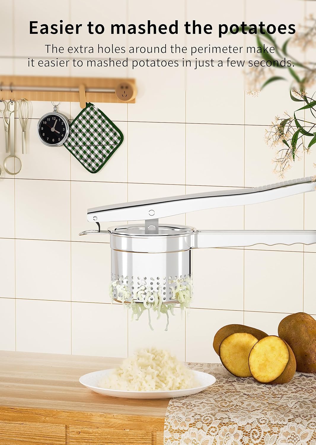 Large 15oz Potato Ricer, Heavy Duty Stainless Steel Potato Masher with Ergonomic Handle, Masher and Ricer Kitchen Tool for Mashed Potatoes, Noodle Maker