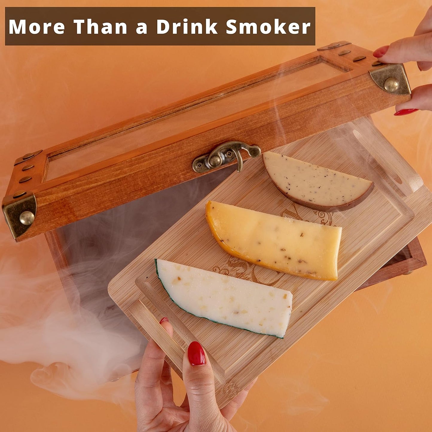 Old Fashioned Smoker Kit - Whiskey Smoker Kit with Smoking Gun, Cocktail Smoke Box, Food Tray and Wood Chips (Apple & Cherry) - Bourbon Gifts for Men (Torch Not Required)