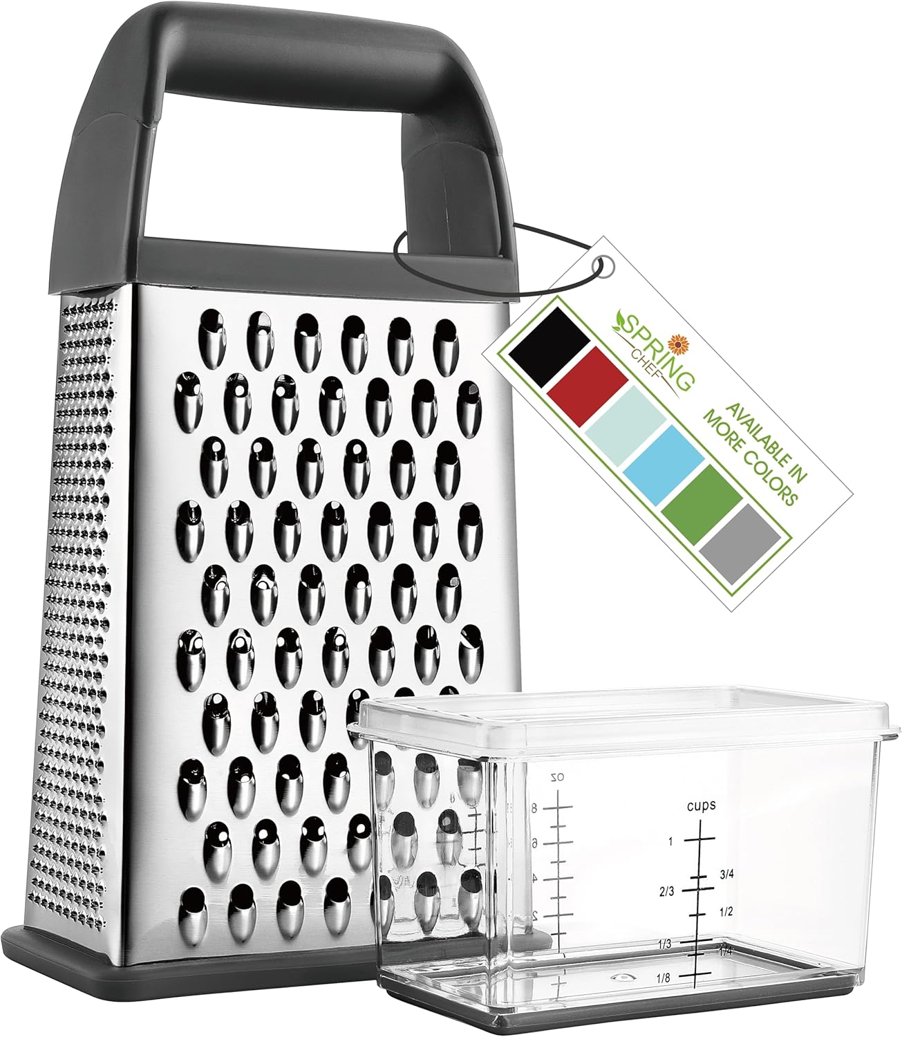Spring Chef Professional Gray 10" Parmesan Cheese Grater With Container, Stainless Steel & Soft Grip Handle, 4 Sided Kitchen Carrot Shredder, Handheld Box Grater for Potato, Veggie, Ginger, Hashbrown