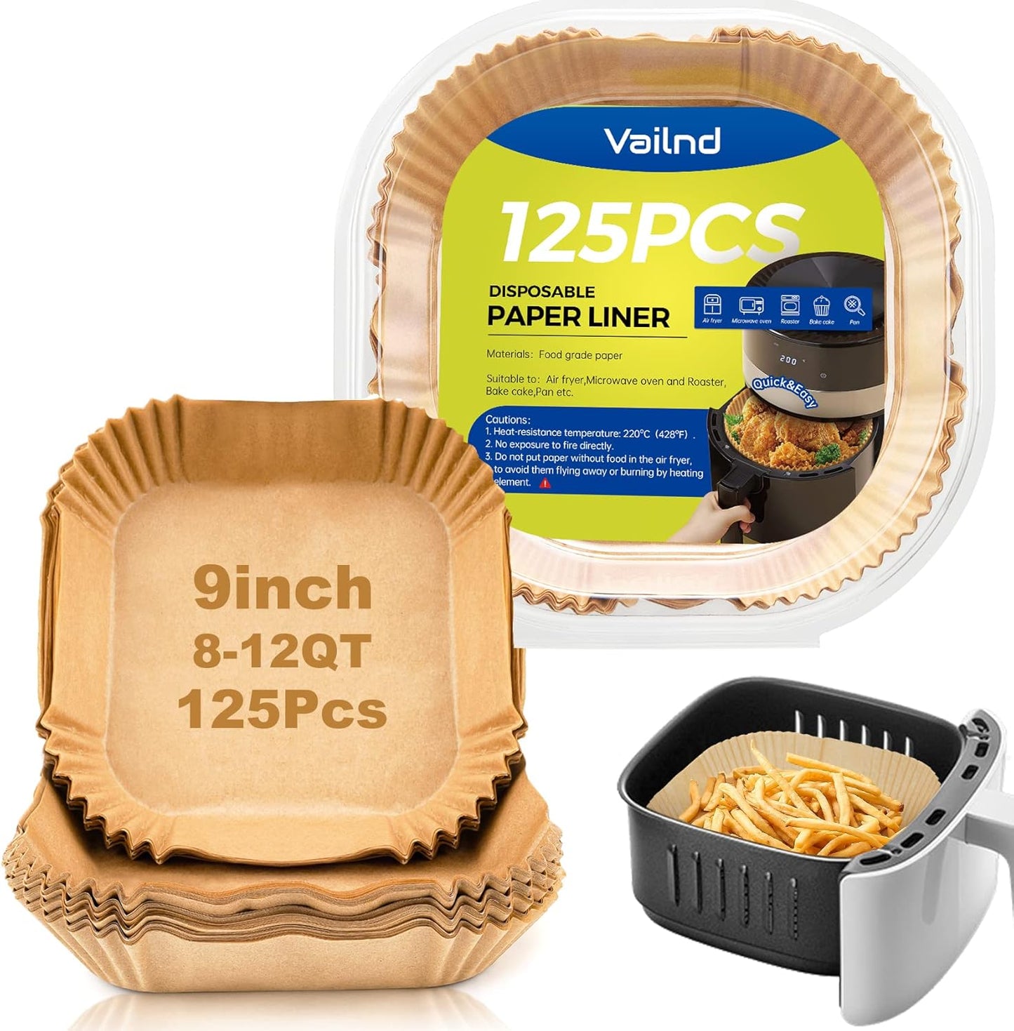 Vailnd 9inch Square Air Fryer Disposable Paper Liners, 125PCS Non-Stick Food Grade Air Fryer Parchment Liner, Oil Resistant, Waterproof, Food Grade Baking Paper for 8-12 QT Air Fryer Microwave