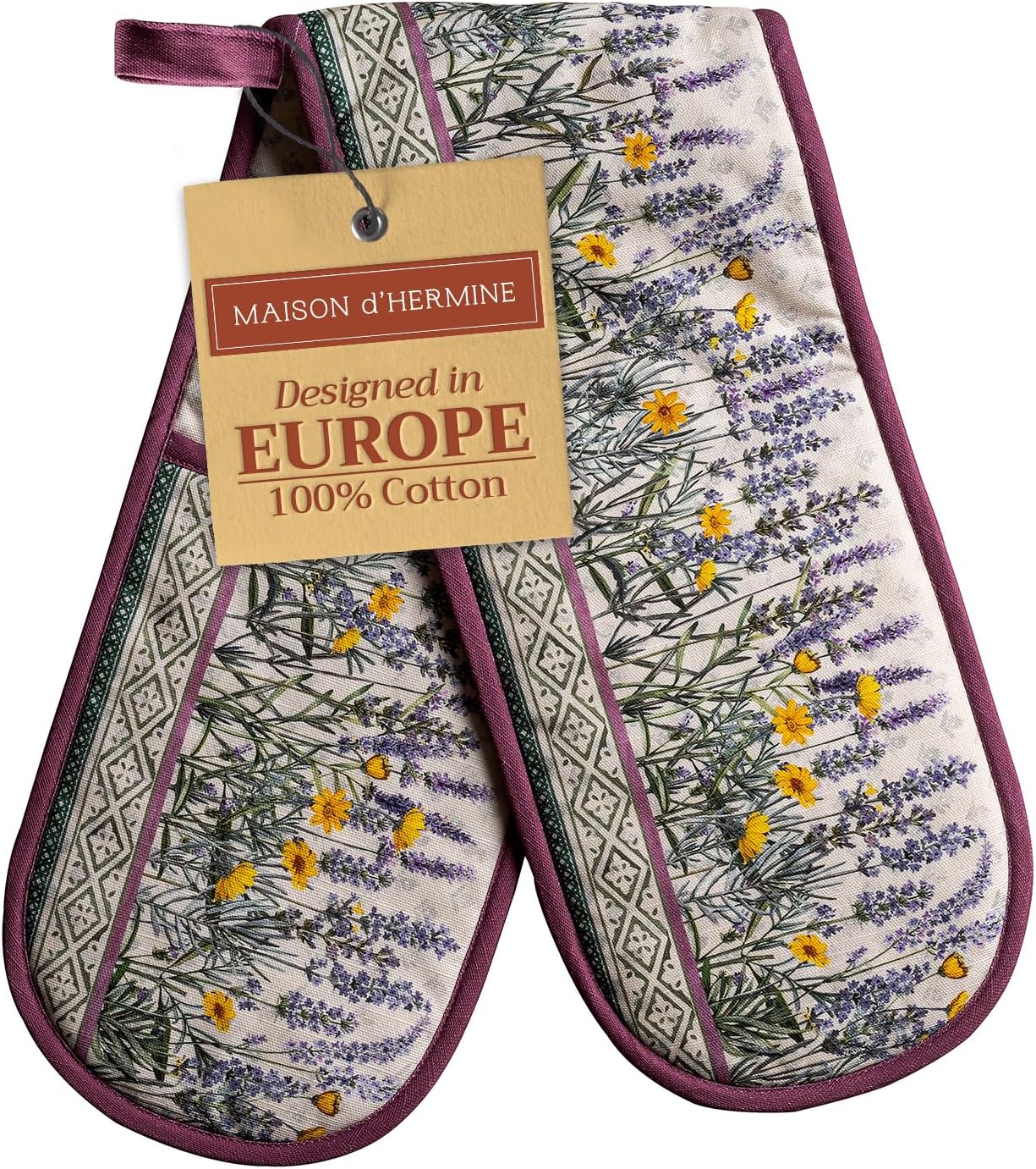 Maison d' Hermine Double Oven Mitts 100% Cotton 7"x35" Double Oven Mitt Heat Resistant BBQ Cooking Gloves with Loop, Baking, Grilling, Home, Kitchen, Handling Hot Pans Spring Summer (Fanny Lavender)