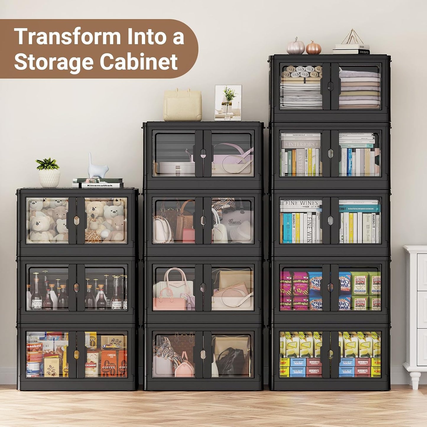 115Qt Stackable Storage Bins with Individual Lids & Wheels, Large Plastic Collapsible Latching Boxes Closet Organizers and Storage Cabinet Shelves Units for Home Kitchen Dorm, 1-Pack Black