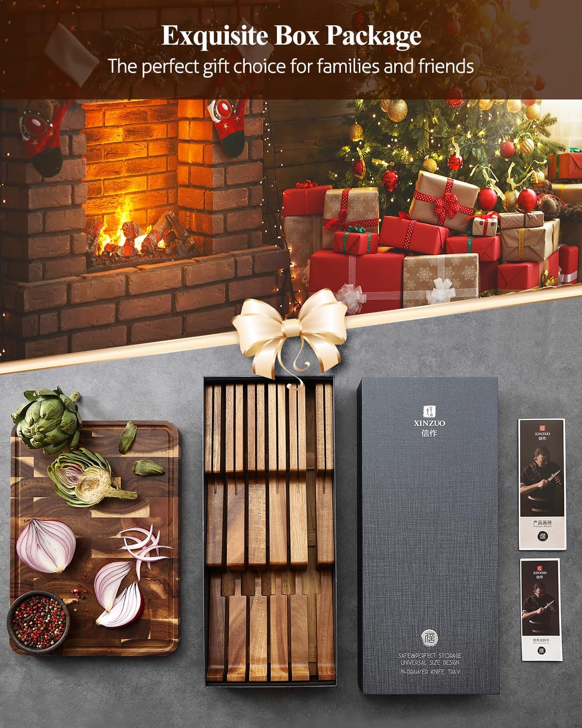 XINZUO In-drawer Knife Block, Natural Acacia Knife Drawer Oganizer, Insert-Kitchen Storage Holder, 11 Slots, Holds up to 11 Various Size Knives, Countertop Saving&Knife Protective