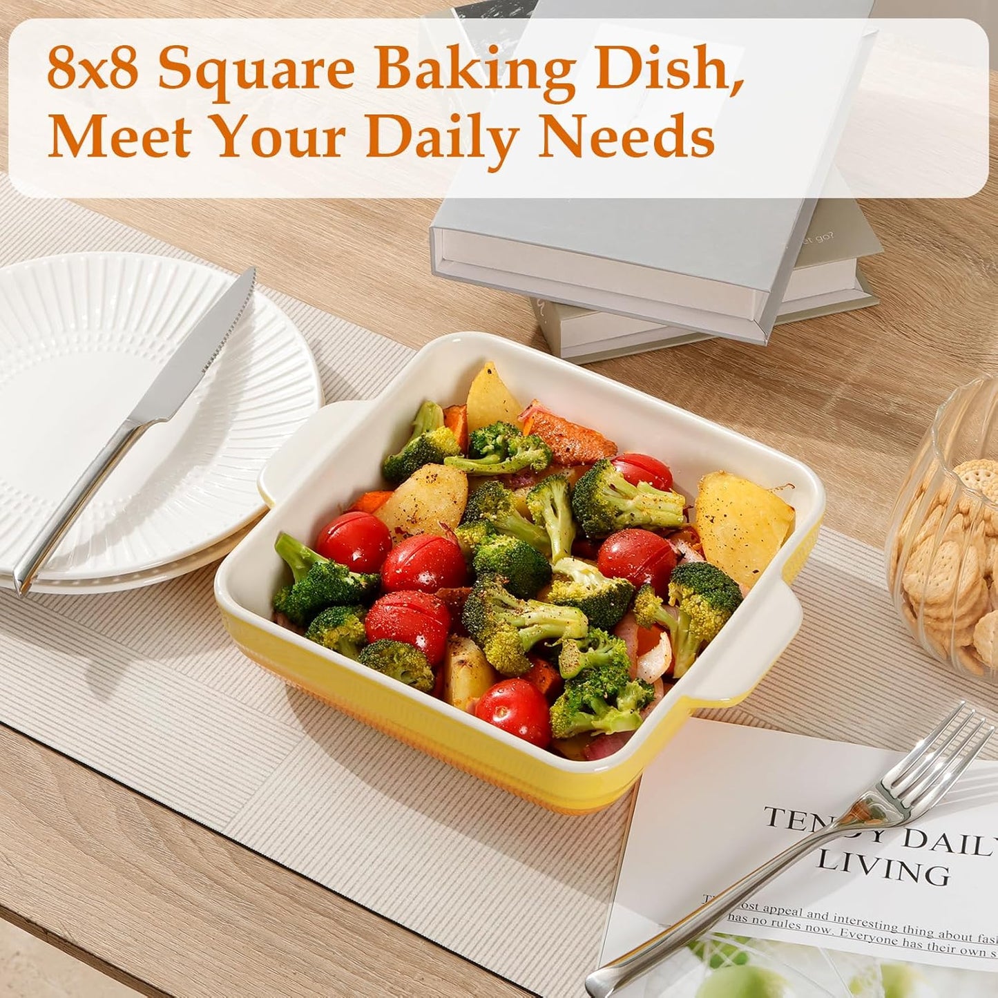 NUTRIUPS 8x8 inch Square Baking Dish, 50 Oz /1.6 Qt Ceramic Baking Pan with Handles, Casserole Dish for Oven, Porcelain Bakeware (Gradient Yellow)