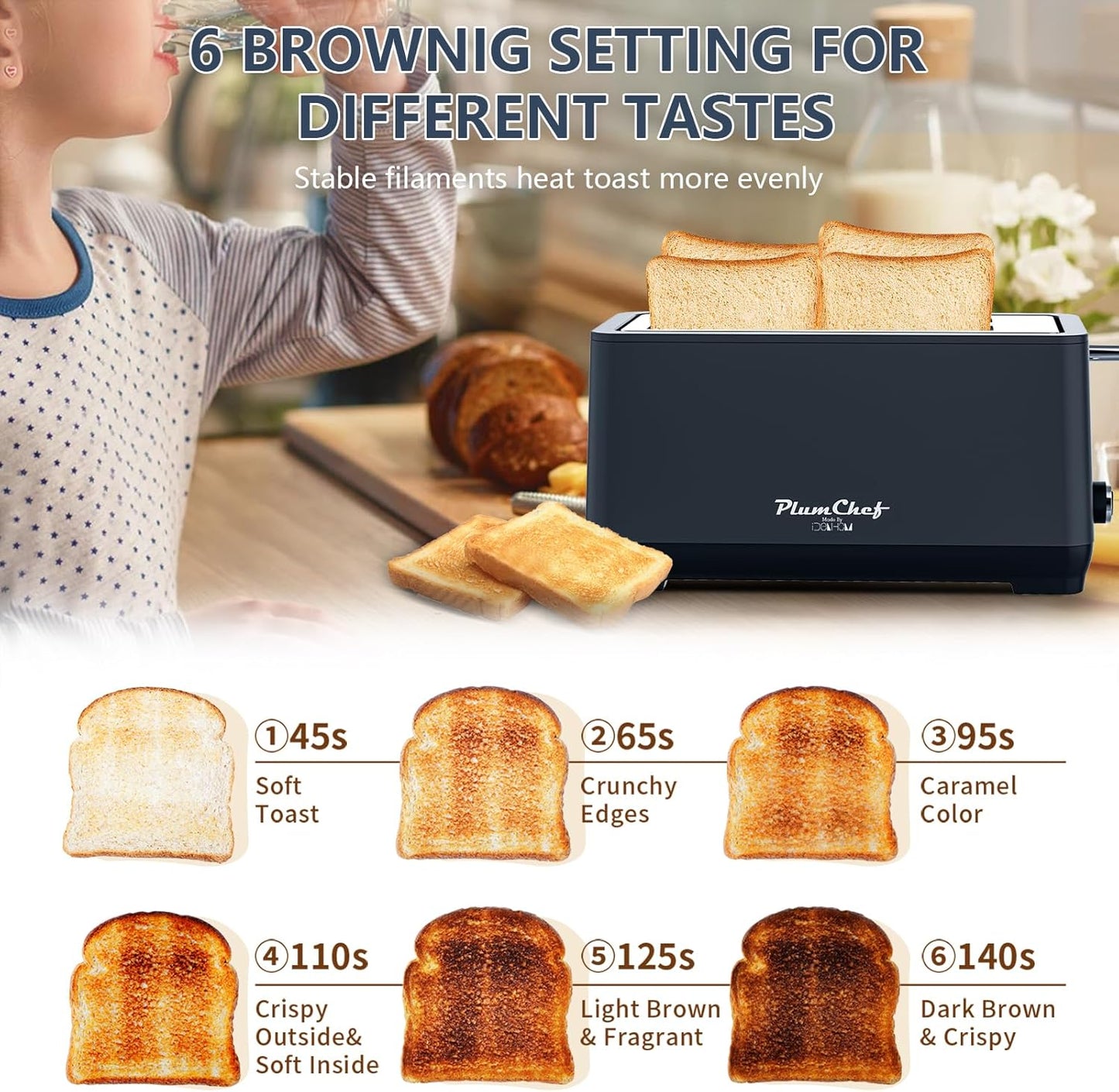 4-Slice Toaster, Extra Wide Long Slot Toaster with Warming Rack, 6 Browning Settings, Bagel/Defrost/Reheat Functions, Removable Crumb Tray, Stainless Steel Housing 1350W (2, Matte Blue)