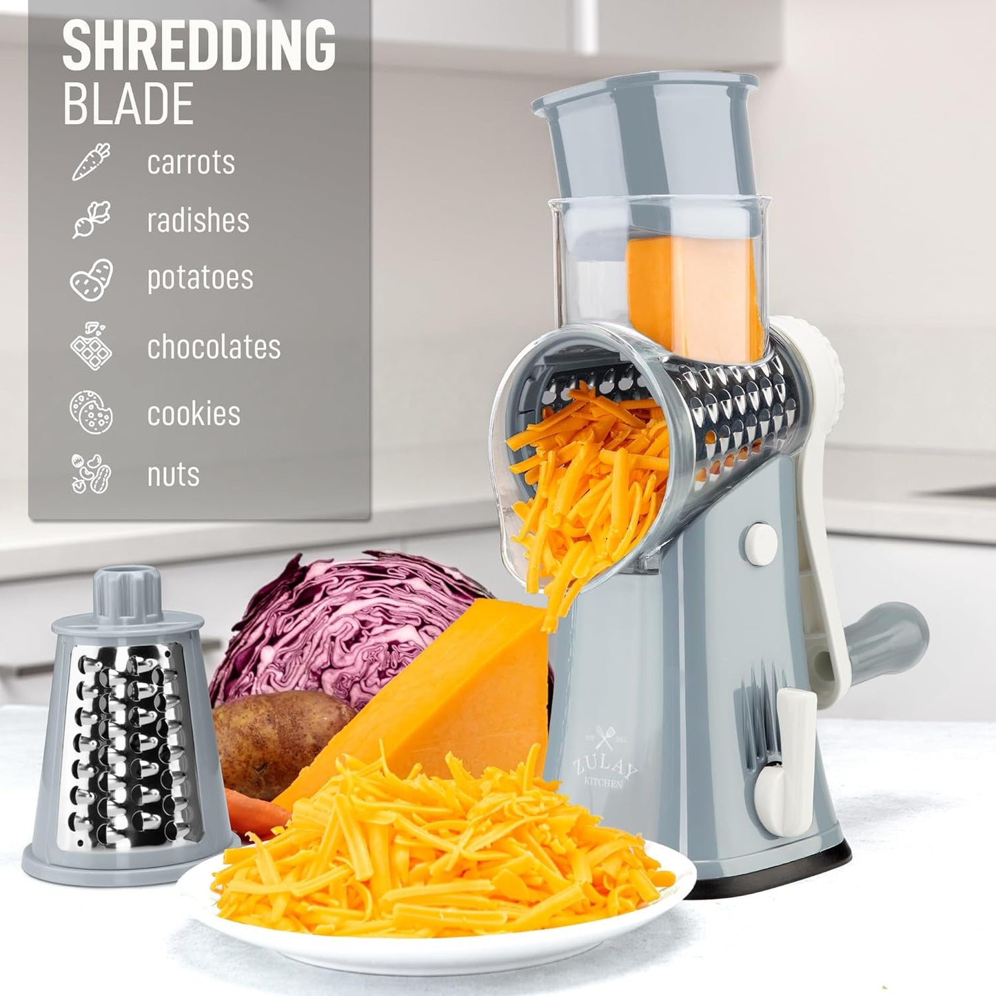 Zulay Kitchen Rotary Cheese Grater 5 Blade Cheese Shredder - Manual Hand Crank Cheese Grater With Reinforced Suction & 5 Interchangeable Drums - Easy to Use, Vegetable Chopper Round Mandoline Slicer