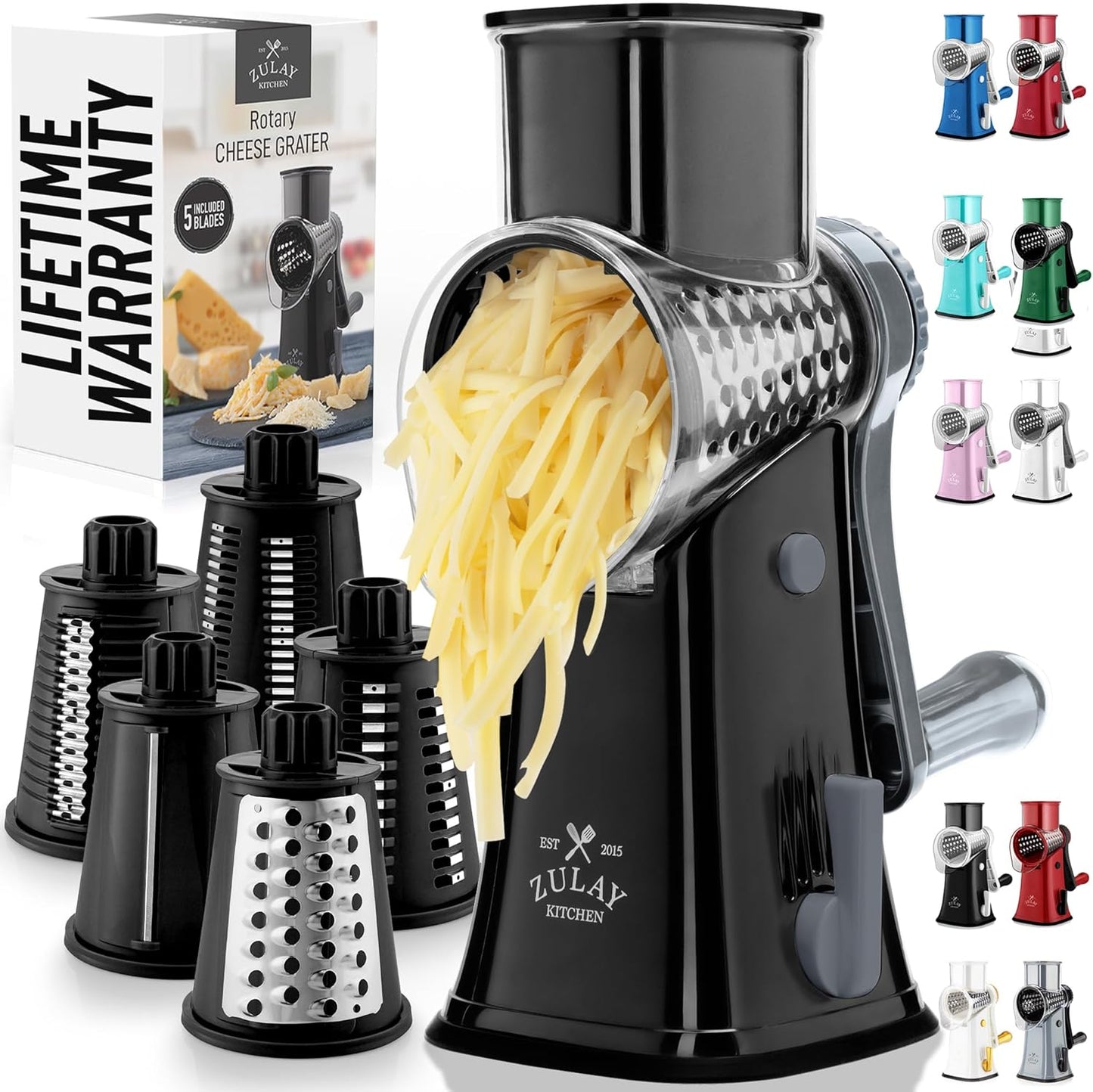 Zulay Kitchen Rotary Cheese Grater 5 Blade Cheese Shredder - Manual Hand Crank Cheese Grater With Reinforced Suction & 5 Interchangeable Drums - Easy to Use, Vegetable Chopper Round Mandoline Slicer