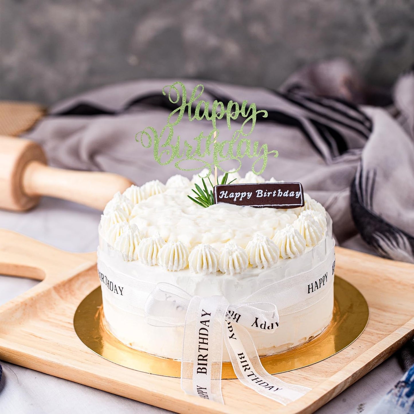 Happy Birthday Cake Toppers 9 Inch Glitter Happy Birthday Cake Pick for Birthday Anniversary Theme Party Cake Decorations Supplies - Olive Green