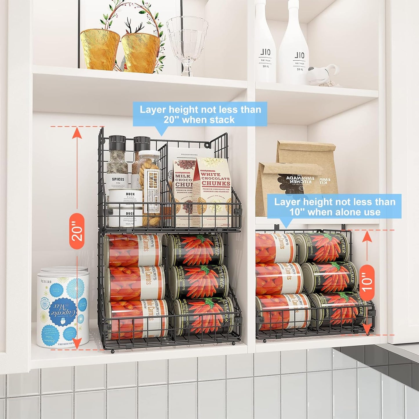 4 Pack Stackable Can Organizer for Pantry with Adjustable Dividers, Soda Can Organizer, Can Storage Dispenser Holds up to 56 Cans, Metal Wire Baskets Can Holder for Kitchen Cabinet Pantry