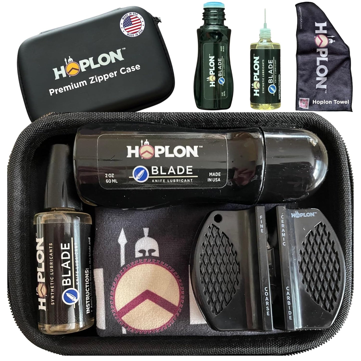 HOPLON Blade Premium Knife Care Kit – Folding Knives Open & Close Easily, Keep Blades Smooth & Rust-Free – Low-Odor Synthetic Oil with Needle, Dauber, Sharpener & Microfiber Towel in Zippered Case