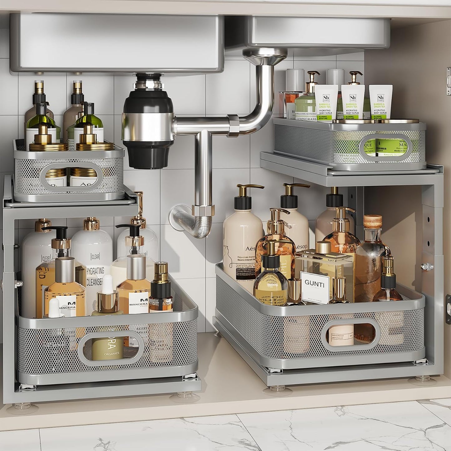 2 Pack 15.5IN-Depth Under Sink Organizer With Next-Gen Ball-Bearing Slides,2-Tier Precision Mesh Pull Out Cabinet Storage for Bathroom&Kitchen,Height Adjustable Drawers Shelf,Anti-rust-Grey