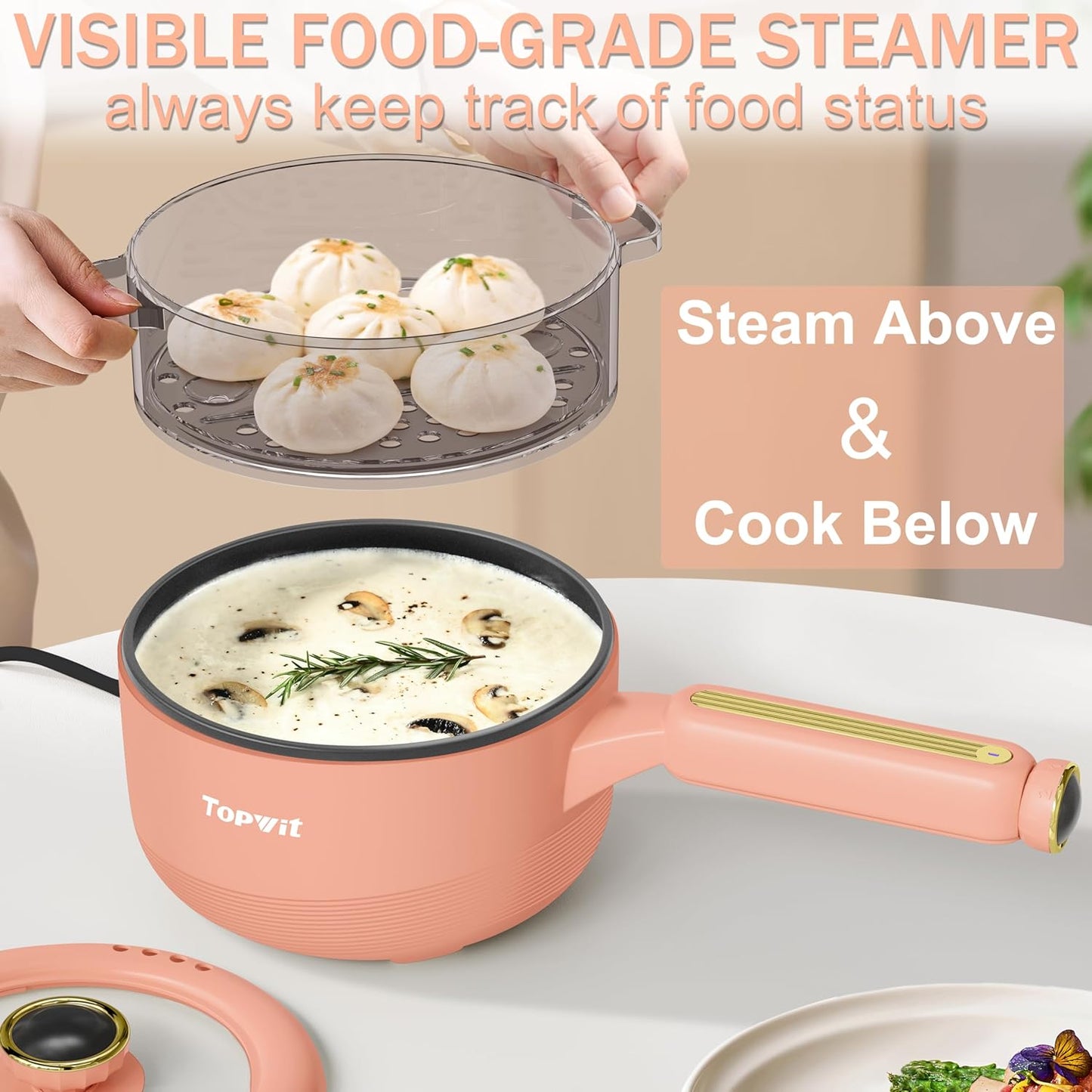 TOPWIT Hot Pot Electric with Steamer, 𝟐𝐋 Electric Pot, Non-Stick Portable Cooker, Portable Pot, Sauté Pan for Steak, Egg, Ramen, Soup with Dual Power Control (Silicone Spatula Included), Peach