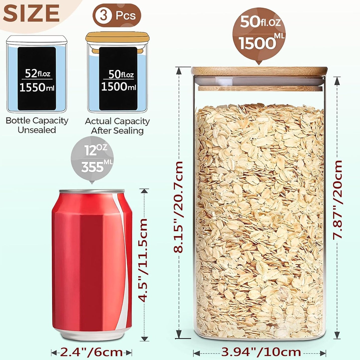 50oz Square Glass Storage Containers with Lids, Clear Food Storage Container Jar with Sealing Bamboo Lid for Noodles Flour Cereal Rice Sugar Tea Coffee Beans,Square Set of 3