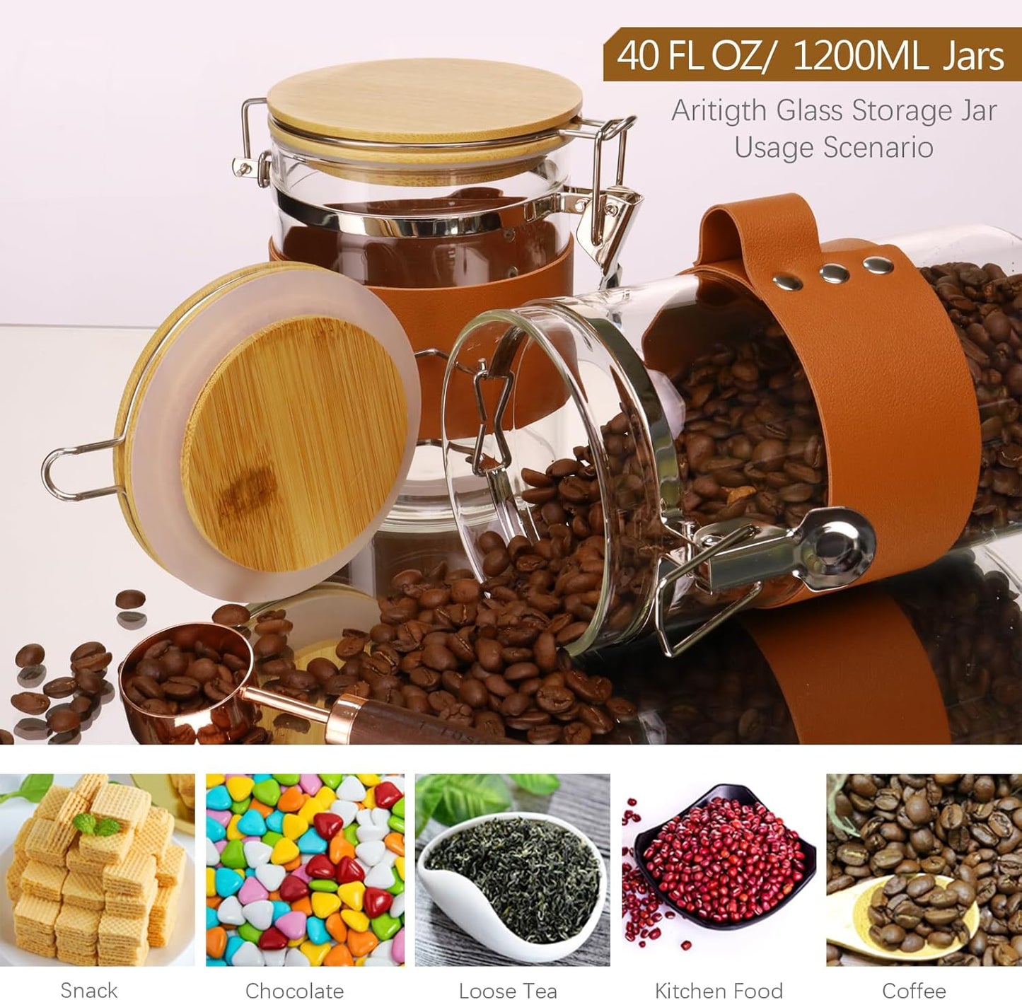 Glass Storage Jars with Spoon, Kitchen Food Storage jars with spoon, Glass Coffee Nuts Canister with Bamboo Lids, Scoop for Coffee Bean, Ground Coffe,Nuts, Cookie, Flour (40OZ×2)