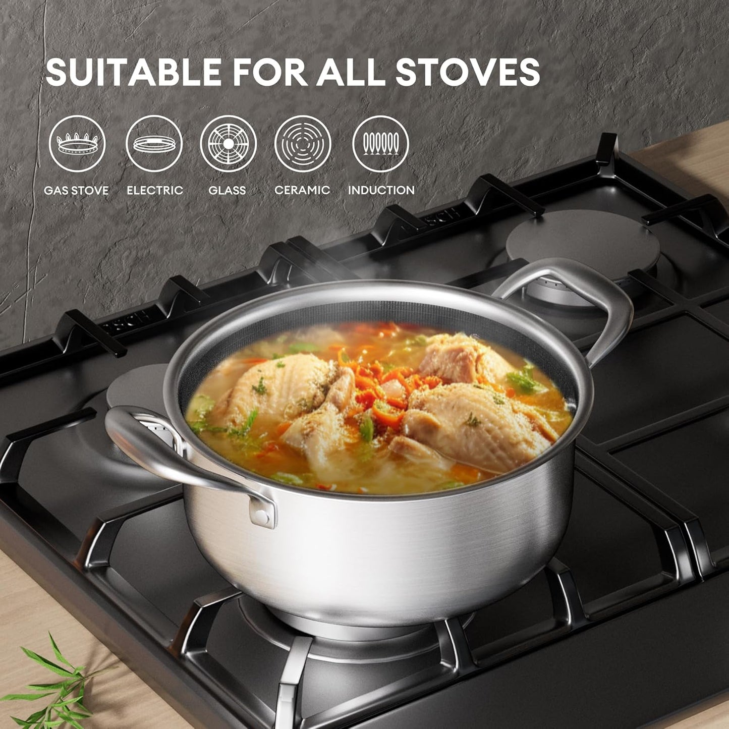 COOKER KING Stainless Steel Stockpot, 5 Quart Pot, Stock Pot with Glass Lid for Soup Pasta Vegetable, Induction Cooking Pot for All Stoves, Oven & Dishwasher Safe