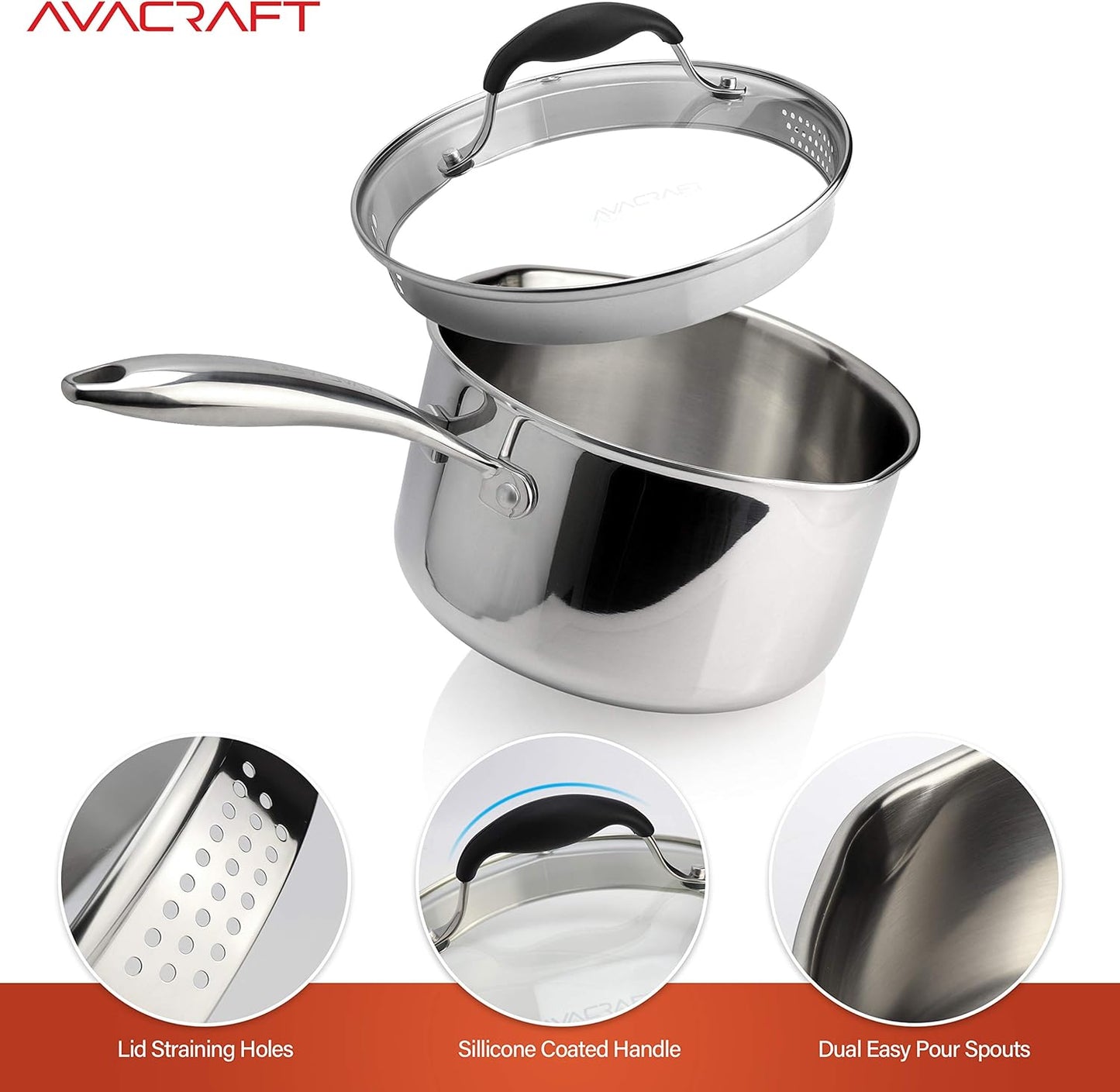 AVACRAFT Tri-Ply Stainless Steel Saucepan with Glass Strainer Lid, Two Side Spouts, Multipurpose Sauce Pan with Lid, Sauce Pot, Cooking Pot (Tri-Ply Full Body, 3.5 Quart)