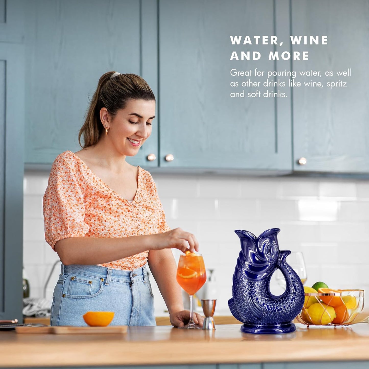 Gurgle Glug Jug The Bubble Jug® Surf Blue 50 fl oz 1.5L Litre Extra Large Pitcher - Fish Shaped Jug - Decorative Ceramic Glugging Cocktail, Water and Gin Vase and Gurgling Carafe Pot