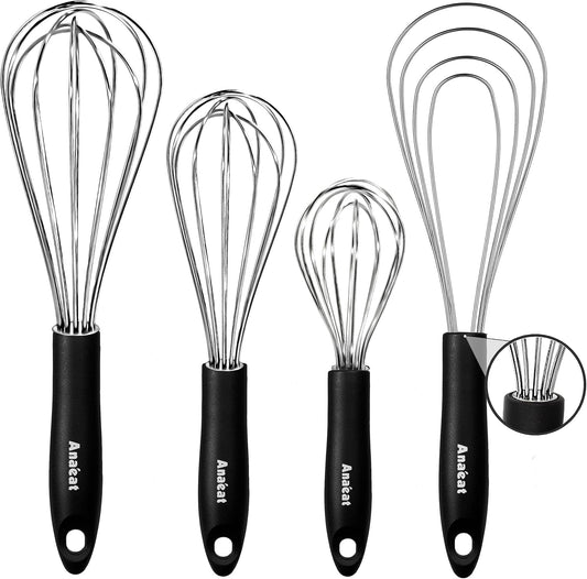 Anaeat Stainless Steel Kitchen Whisk Set of 4, Milk and Egg Beater Blender with Thick Wire for Whisking, Cooking, Baking, Beating and Stirring - 11'' Flat Whisk and 8.5''+10.5''+12'' Balloon Whisks