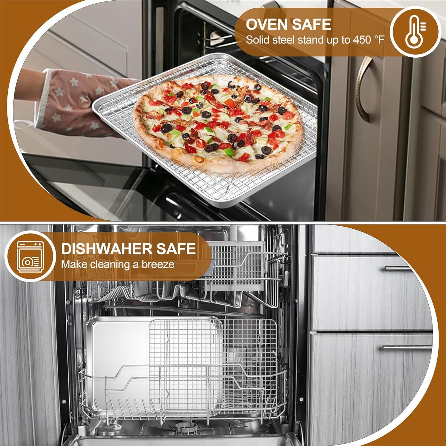 E-far Stainless Steel Baking Sheet with Wire Rack Set, 16” x 12” Cookie Sheet Baking Pan for Oven, Rimmed Large Metal Tray with Cooling Rack for Cooking Roasting, Non-Toxic & Dishwasher Safe