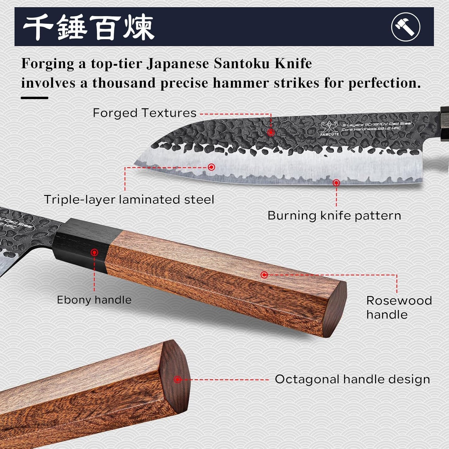 Santoku Knife 7 inch, Hand Forged 5 Layers 9CR18MOV High Carbon Steel Professional Kitchen Knife, Ultra Sharp Rosewood Handle Japanese Sushi Knife As a Thoughtful Birthday Gifts for Mom/Dad