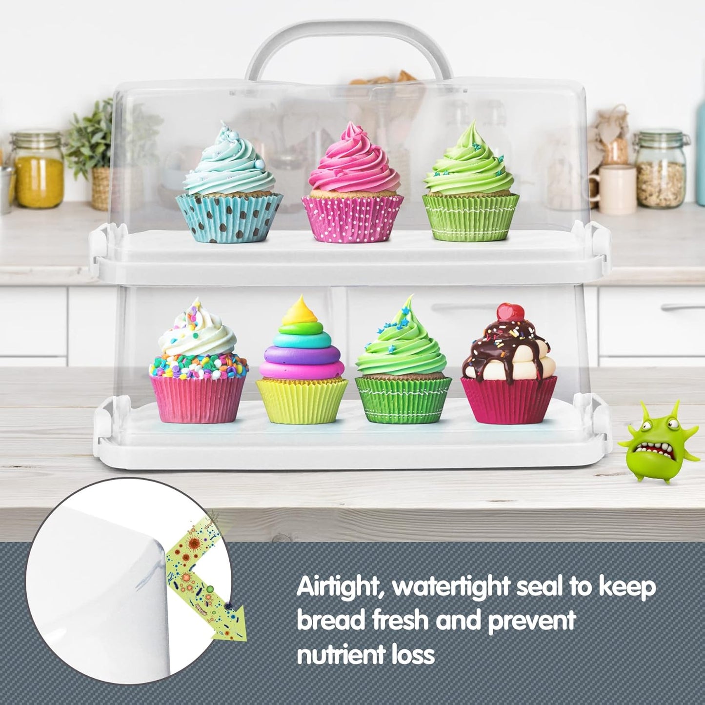 2-Pack Plastic Rectangular Bread Box with Clear Lid, Loaf Cake Keeper, Portable Bread Keeper Storage Container with Handle (White)