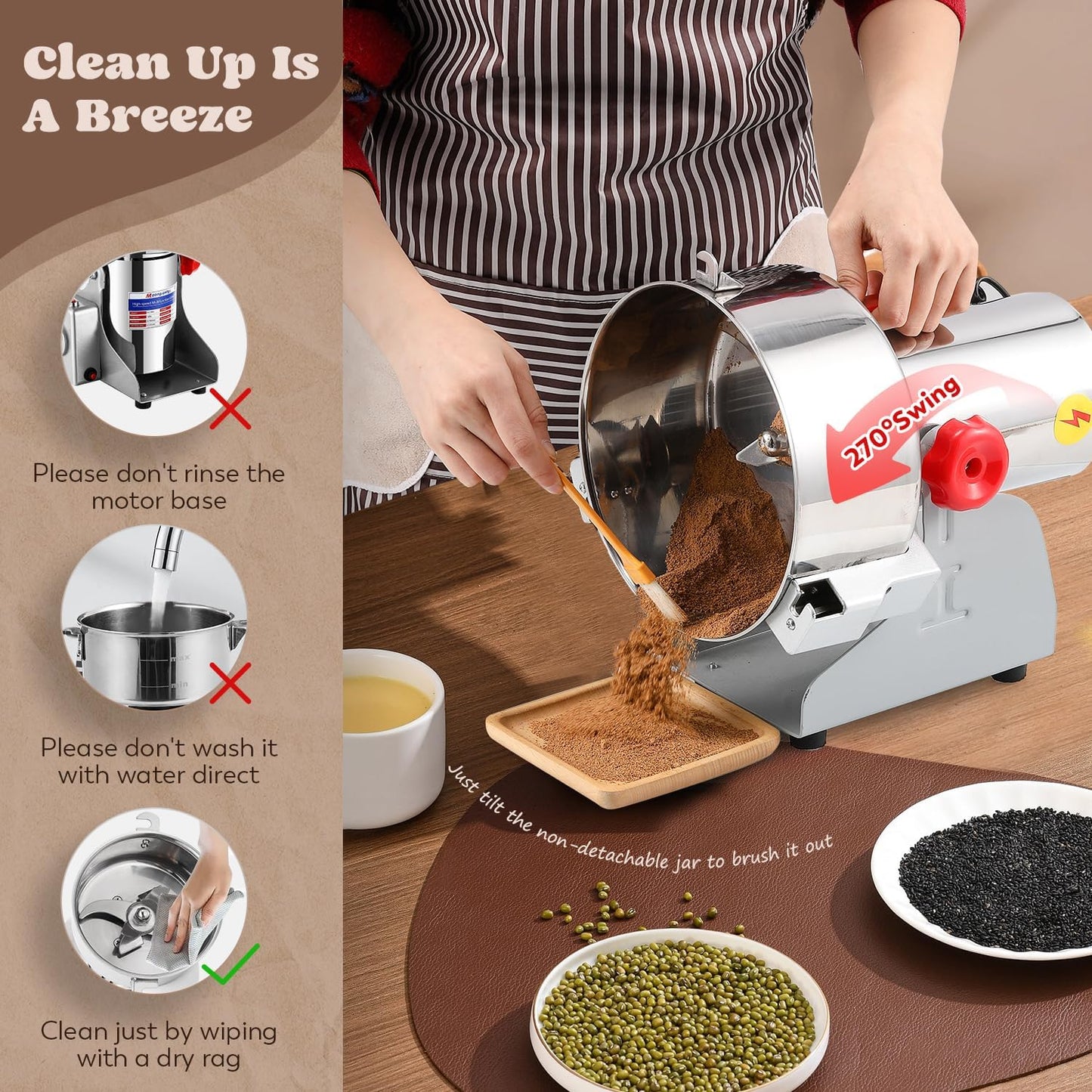 Moongiantgo 2000g Grain Mill Grinder Commercial Spice Grinder 3000W Stainless Steel Electric Pulverizer Dry Grinding Machine for Wheat Corn Rice Pepper Herbs Coffee Beans (2000g Swing, 110V)